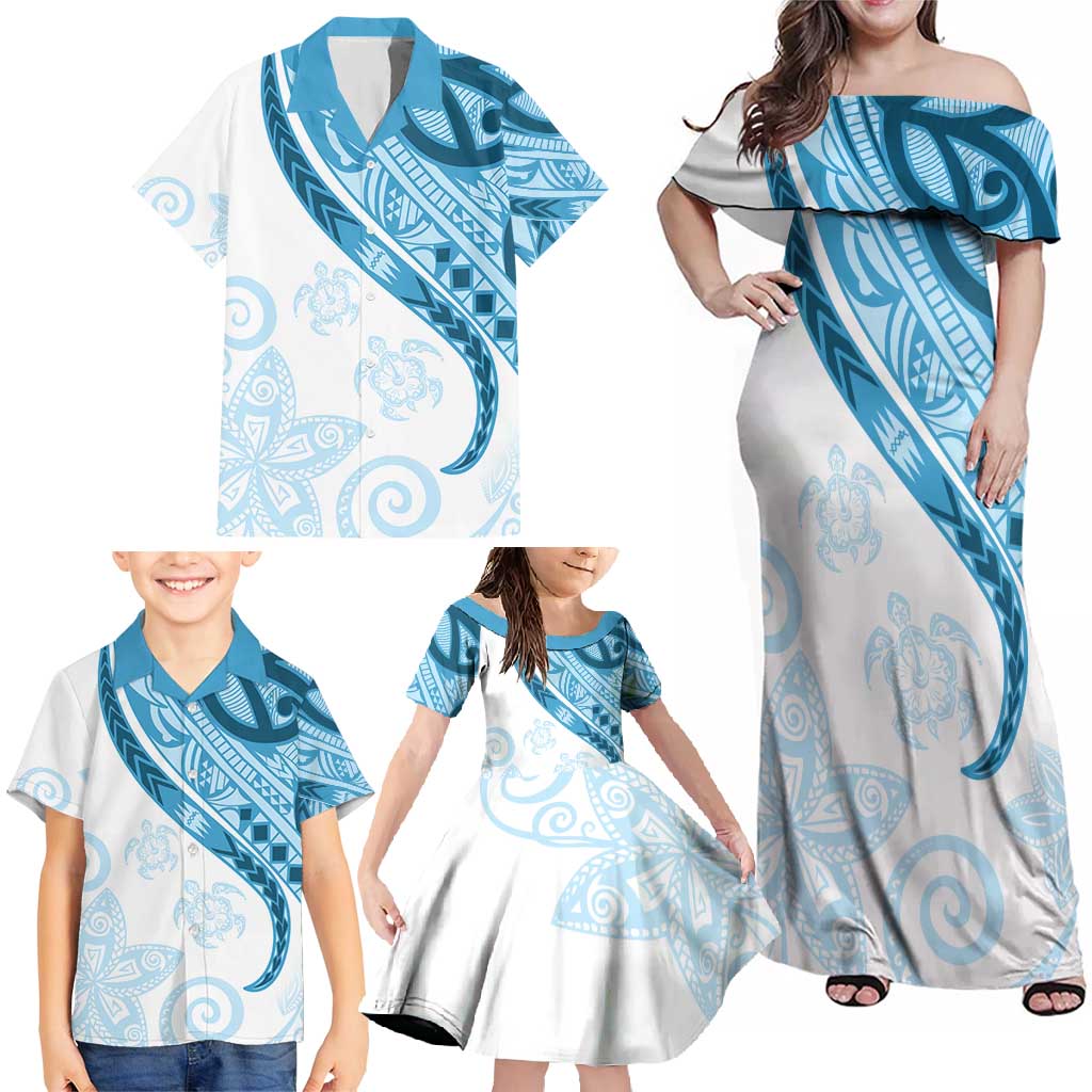 Blue Polynesian Tribal Turtle Floral Pattern Family Matching Off Shoulder Maxi Dress and Hawaiian Shirt