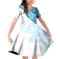 Blue Polynesian Tribal Turtle Floral Pattern Family Matching Off Shoulder Short Dress and Hawaiian Shirt