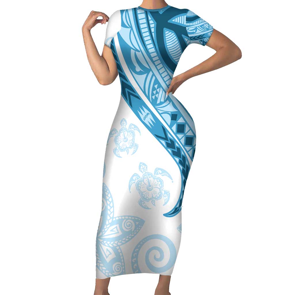 Blue Polynesian Tribal Turtle Floral Pattern Family Matching Short Sleeve Bodycon Dress and Hawaiian Shirt