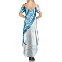 Blue Polynesian Tribal Turtle Floral Pattern Family Matching Summer Maxi Dress and Hawaiian Shirt