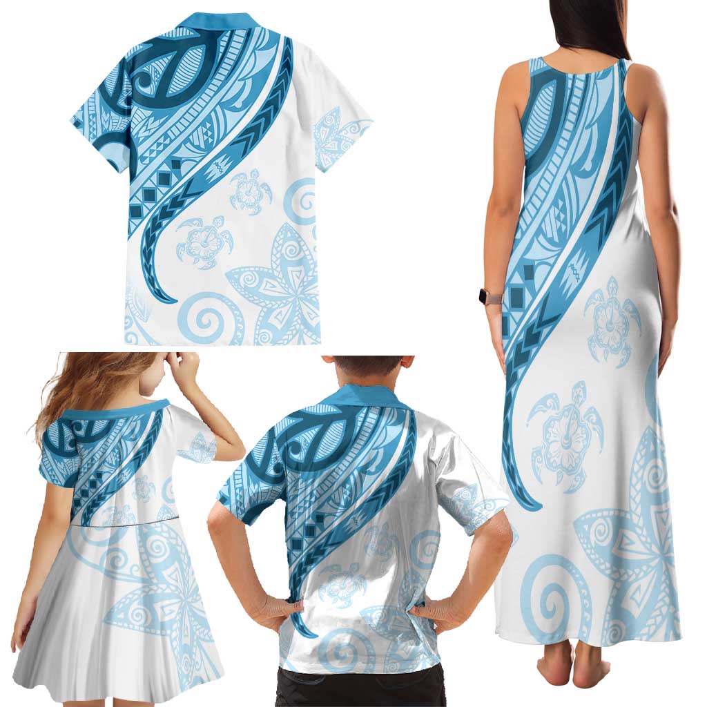 Blue Polynesian Tribal Turtle Floral Pattern Family Matching Tank Maxi Dress and Hawaiian Shirt