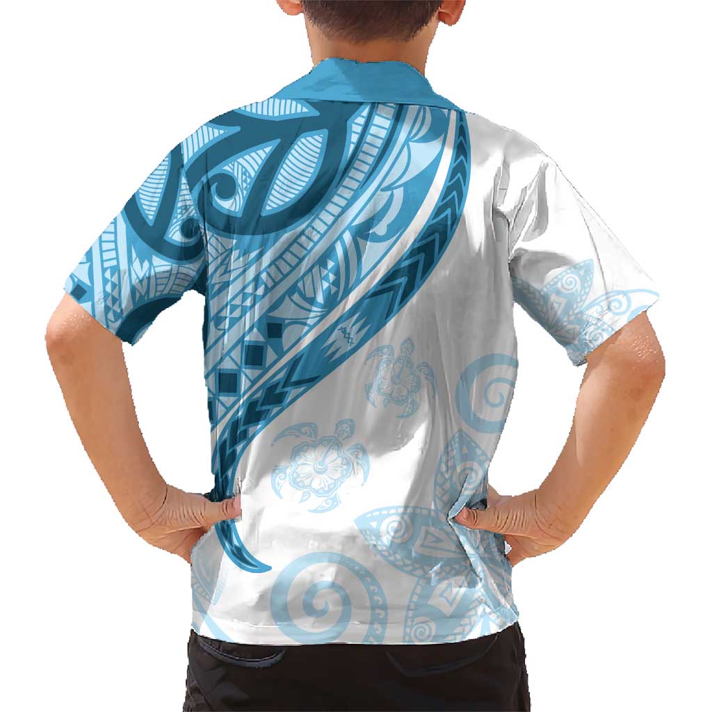 Blue Polynesian Tribal Turtle Floral Pattern Kid Hawaiian Shirt