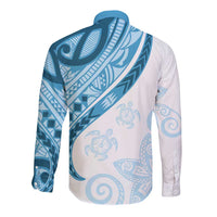 Blue Polynesian Tribal Turtle Floral Pattern Long Sleeve Button Shirt