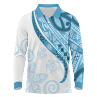 Blue Polynesian Tribal Turtle Floral Pattern Long Sleeve Polo Shirt