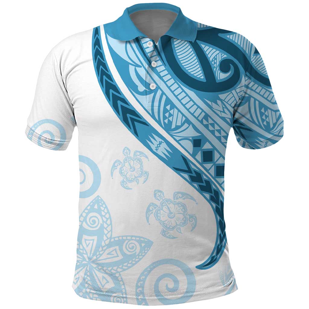 Blue Polynesian Tribal Turtle Floral Pattern Polo Shirt