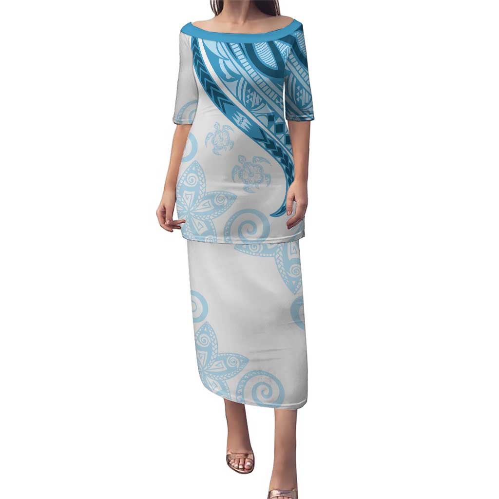 Blue Polynesian Tribal Turtle Floral Pattern Puletasi LT05 Long Dress Blue - Polynesian Pride