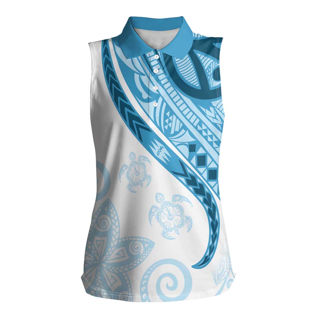 Blue Polynesian Tribal Turtle Floral Pattern Women Sleeveless Polo Shirt