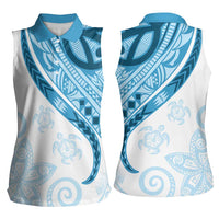 Blue Polynesian Tribal Turtle Floral Pattern Women Sleeveless Polo Shirt