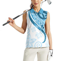 Blue Polynesian Tribal Turtle Floral Pattern Women Sleeveless Polo Shirt