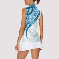 Blue Polynesian Tribal Turtle Floral Pattern Women Sleeveless Polo Shirt