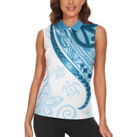 Blue Polynesian Tribal Turtle Floral Pattern Women Sleeveless Polo Shirt