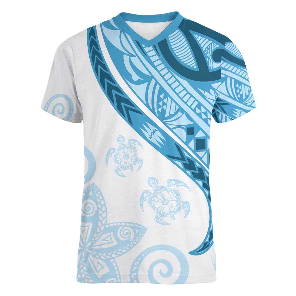 Blue Polynesian Tribal Turtle Floral Pattern Women V-Neck T-Shirt LT05 Female Blue - Polynesian Pride