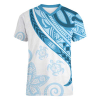 Blue Polynesian Tribal Turtle Floral Pattern Women V-Neck T-Shirt LT05 Female Blue - Polynesian Pride