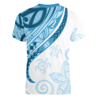 Blue Polynesian Tribal Turtle Floral Pattern Women V-Neck T-Shirt LT05 - Polynesian Pride