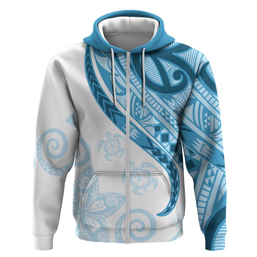 Blue Polynesian Tribal Turtle Floral Pattern Zip Hoodie