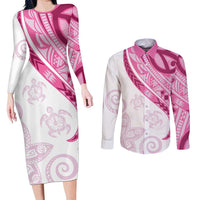 Rose Pink Polynesian Tribal Turtle Floral Pattern Couples Matching Long Sleeve Bodycon Dress and Long Sleeve Button Shirt LT05 Pink - Polynesian Pride