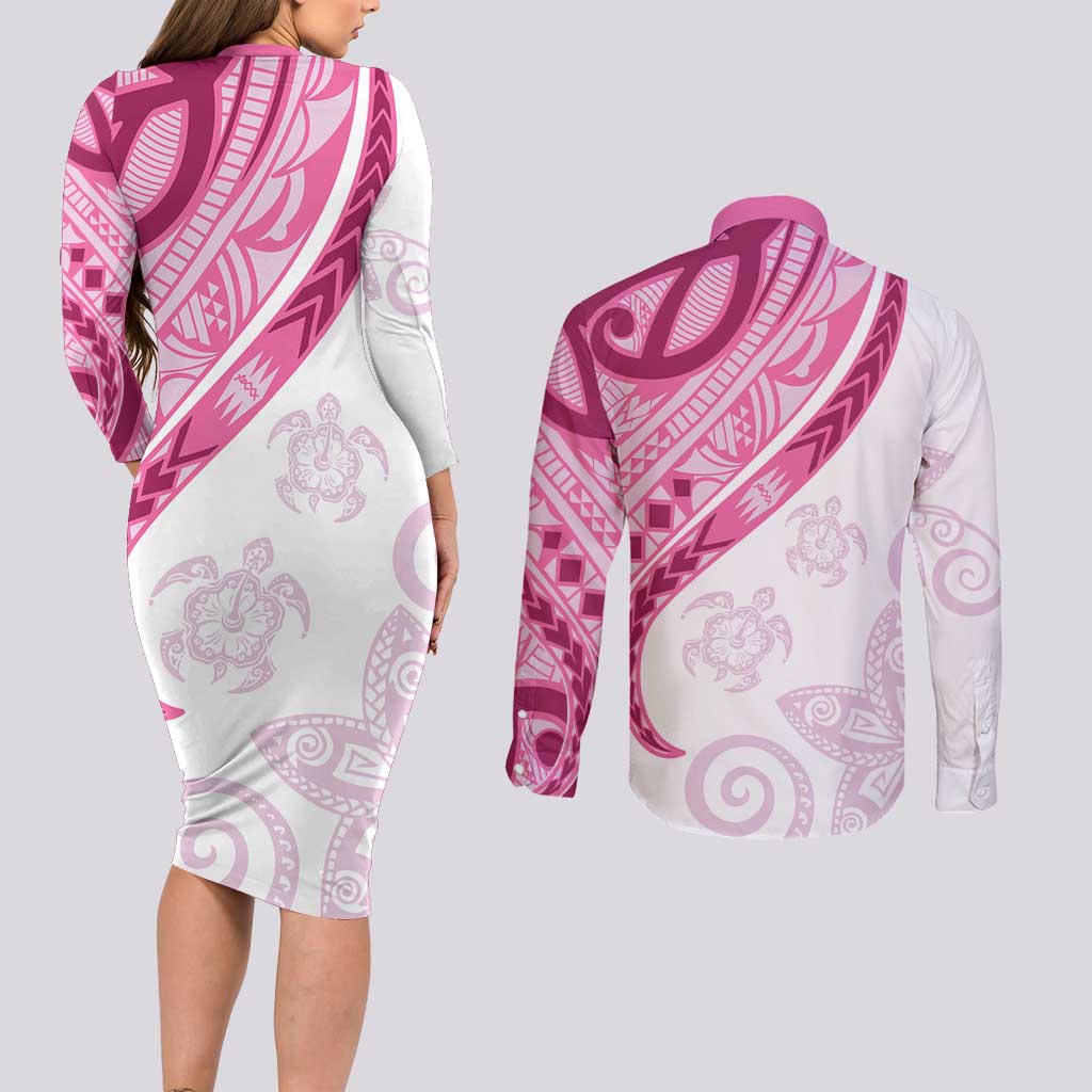 Rose Pink Polynesian Tribal Turtle Floral Pattern Couples Matching Long Sleeve Bodycon Dress and Long Sleeve Button Shirt LT05 - Polynesian Pride