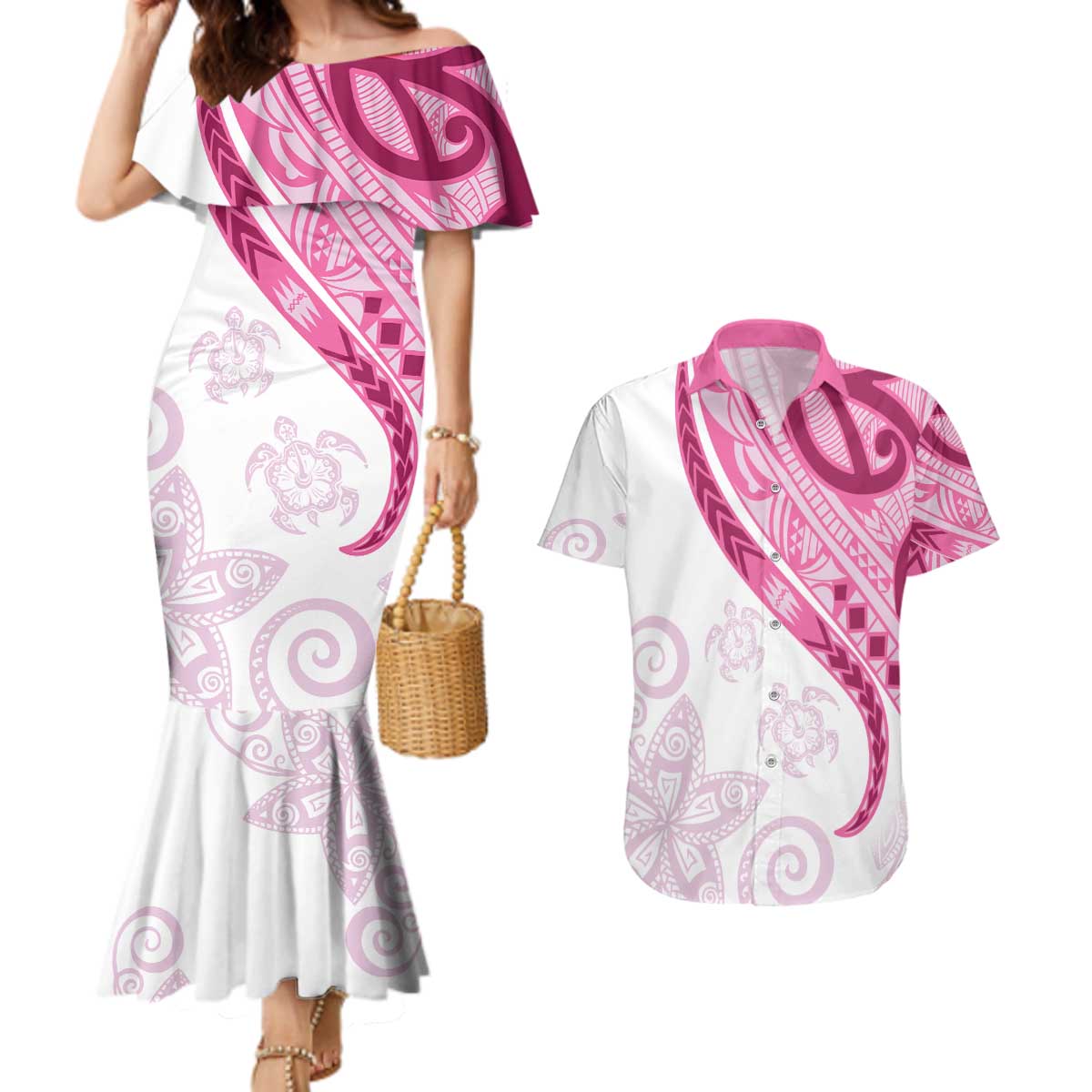 Rose Pink Polynesian Tribal Turtle Floral Pattern Couples Matching Mermaid Dress and Hawaiian Shirt