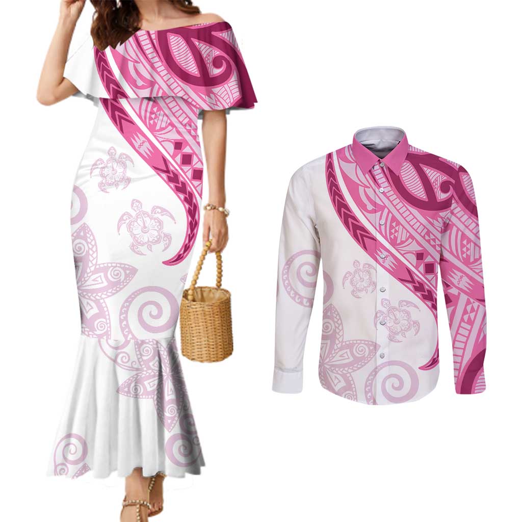 Rose Pink Polynesian Tribal Turtle Floral Pattern Couples Matching Mermaid Dress and Long Sleeve Button Shirt LT05 Pink - Polynesian Pride