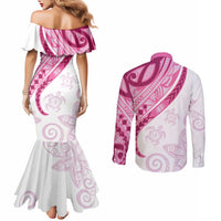 Rose Pink Polynesian Tribal Turtle Floral Pattern Couples Matching Mermaid Dress and Long Sleeve Button Shirt LT05 - Polynesian Pride