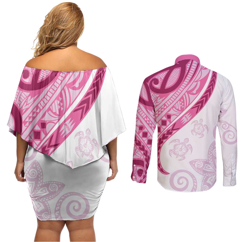 Rose Pink Polynesian Tribal Turtle Floral Pattern Couples Matching Off Shoulder Short Dress and Long Sleeve Button Shirt LT05 - Polynesian Pride