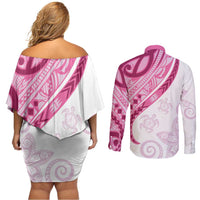 Rose Pink Polynesian Tribal Turtle Floral Pattern Couples Matching Off Shoulder Short Dress and Long Sleeve Button Shirt LT05 - Polynesian Pride