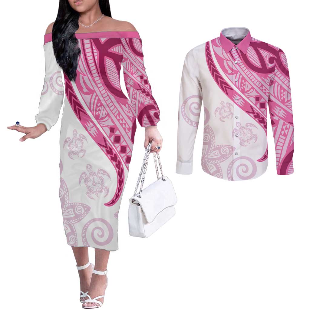 Rose Pink Polynesian Tribal Turtle Floral Pattern Couples Matching Off The Shoulder Long Sleeve Dress and Long Sleeve Button Shirt LT05 Pink - Polynesian Pride