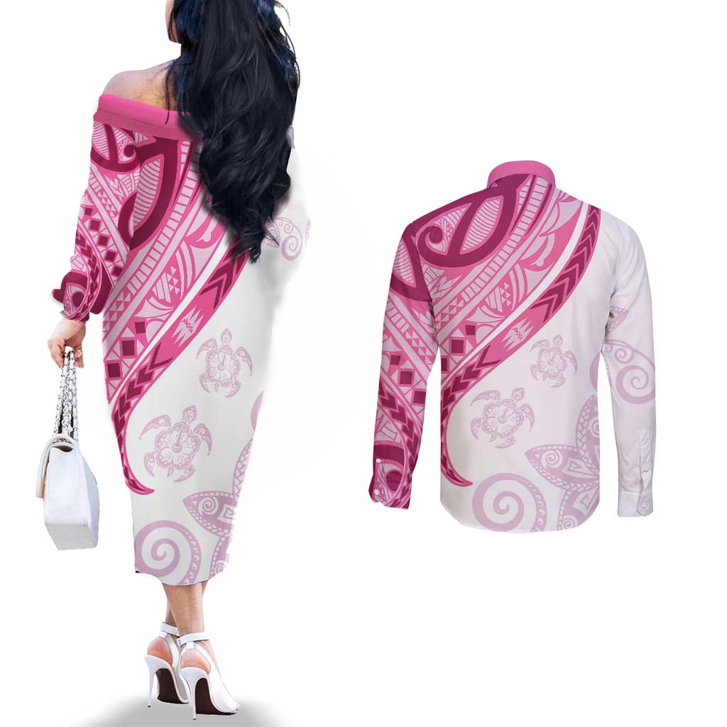 Rose Pink Polynesian Tribal Turtle Floral Pattern Couples Matching Off The Shoulder Long Sleeve Dress and Long Sleeve Button Shirt LT05 - Polynesian Pride