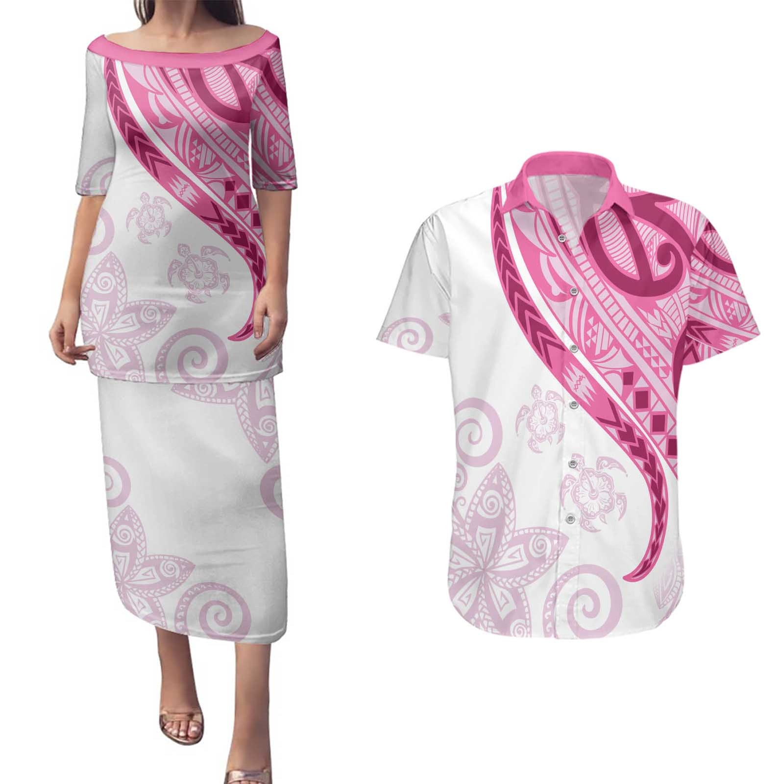 Rose Pink Polynesian Tribal Turtle Floral Pattern Couples Matching Puletasi and Hawaiian Shirt LT05 Pink - Polynesian Pride