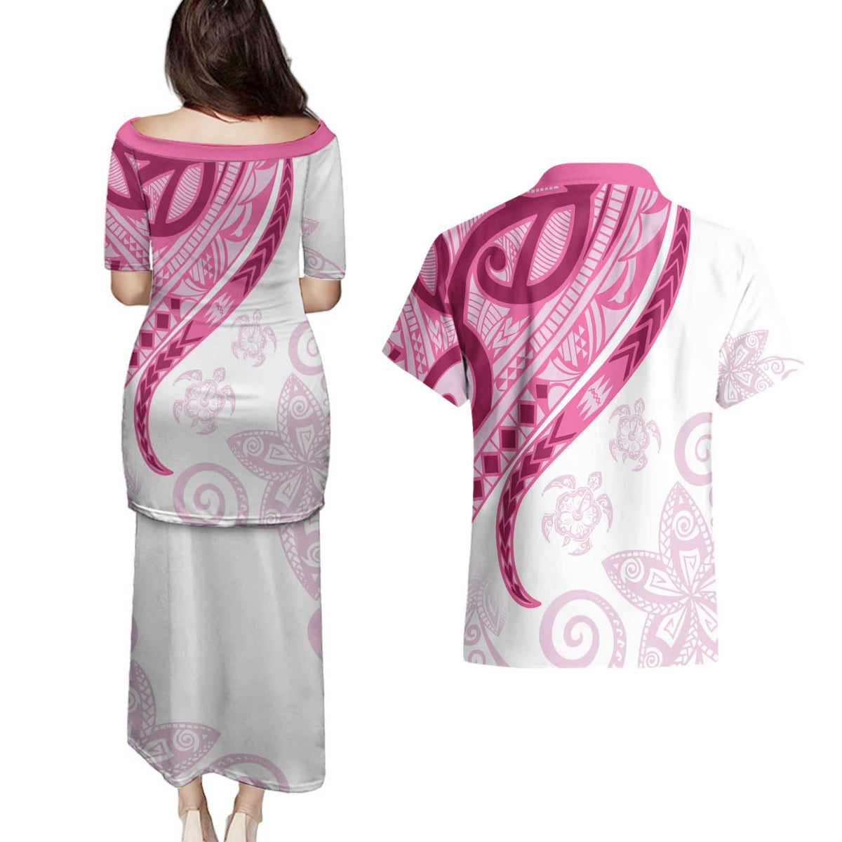 Rose Pink Polynesian Tribal Turtle Floral Pattern Couples Matching Puletasi and Hawaiian Shirt LT05 - Polynesian Pride