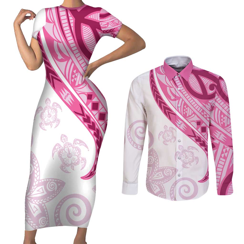 Rose Pink Polynesian Tribal Turtle Floral Pattern Couples Matching Short Sleeve Bodycon Dress and Long Sleeve Button Shirt LT05 Pink - Polynesian Pride