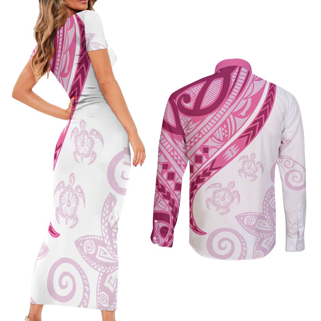Rose Pink Polynesian Tribal Turtle Floral Pattern Couples Matching Short Sleeve Bodycon Dress and Long Sleeve Button Shirt LT05 - Polynesian Pride