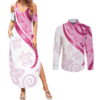 Rose Pink Polynesian Tribal Turtle Floral Pattern Couples Matching Summer Maxi Dress and Long Sleeve Button Shirt LT05 Pink - Polynesian Pride
