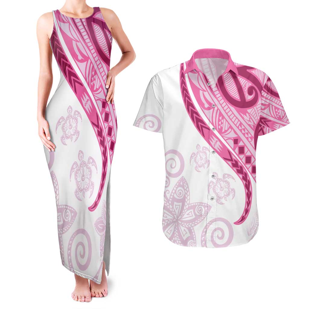 Rose Pink Polynesian Tribal Turtle Floral Pattern Couples Matching Tank Maxi Dress and Hawaiian Shirt LT05 Pink - Polynesian Pride