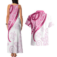 Rose Pink Polynesian Tribal Turtle Floral Pattern Couples Matching Tank Maxi Dress and Hawaiian Shirt LT05 - Polynesian Pride
