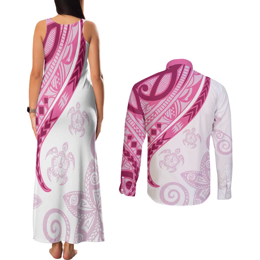 Rose Pink Polynesian Tribal Turtle Floral Pattern Couples Matching Tank Maxi Dress and Long Sleeve Button Shirt LT05 - Polynesian Pride
