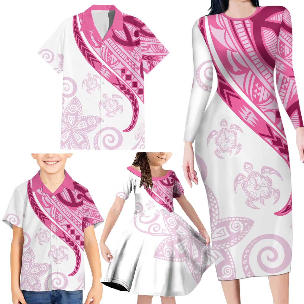 Rose Pink Polynesian Tribal Turtle Floral Pattern Family Matching Long Sleeve Bodycon Dress and Hawaiian Shirt