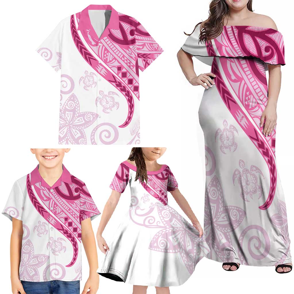 Rose Pink Polynesian Tribal Turtle Floral Pattern Family Matching Off Shoulder Maxi Dress and Hawaiian Shirt