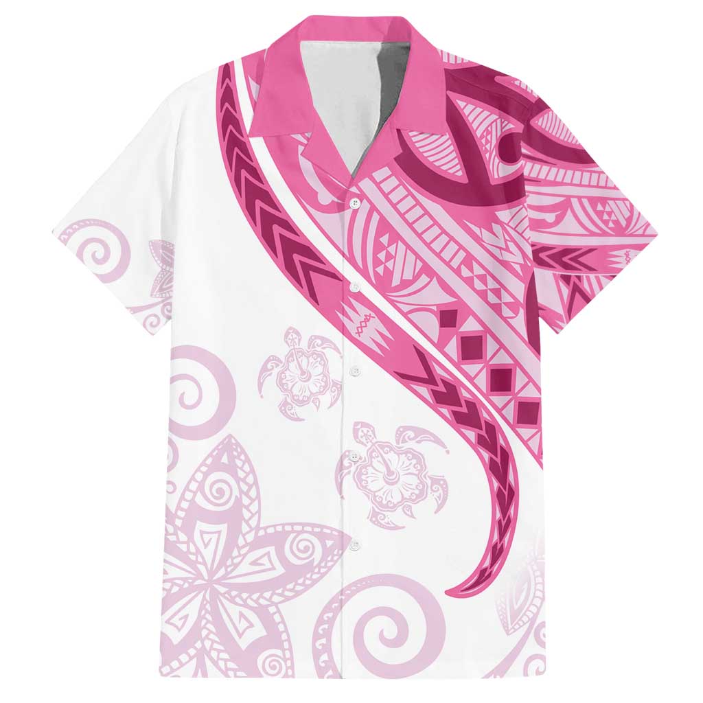 Rose Pink Polynesian Tribal Turtle Floral Pattern Family Matching Off Shoulder Short Dress and Hawaiian Shirt
