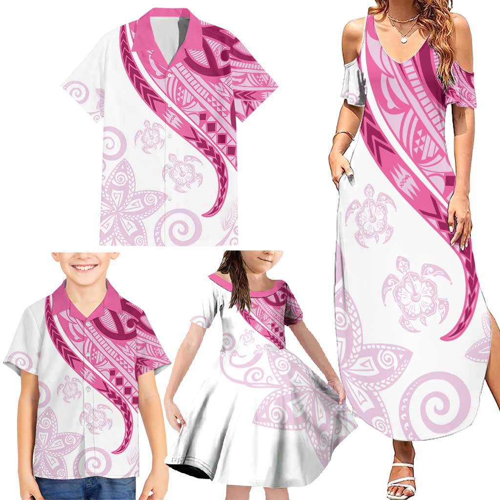 Rose Pink Polynesian Tribal Turtle Floral Pattern Family Matching Summer Maxi Dress and Hawaiian Shirt