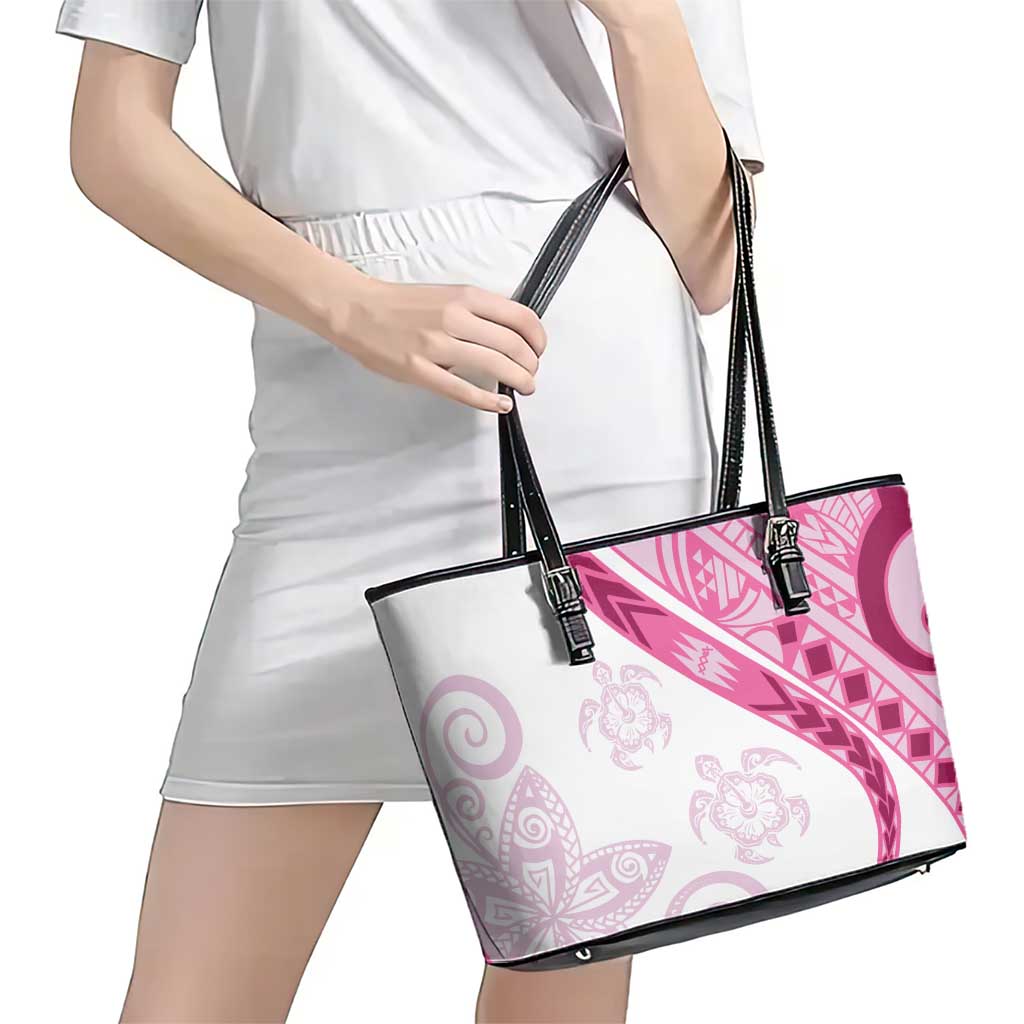 Rose Pink Polynesian Tribal Turtle Floral Pattern Leather Tote Bag LT05 - Polynesian Pride