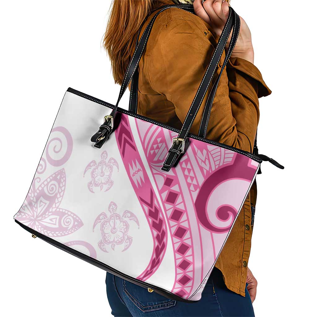 Rose Pink Polynesian Tribal Turtle Floral Pattern Leather Tote Bag LT05 - Polynesian Pride