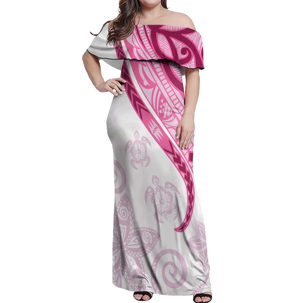 Rose Pink Polynesian Tribal Turtle Floral Pattern Off Shoulder Maxi Dress LT05 Women Pink - Polynesian Pride