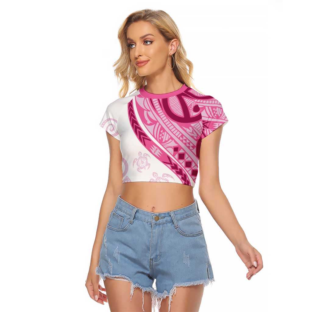 Rose Pink Polynesian Tribal Turtle Floral Pattern Raglan Cropped T Shirt LT05 Female Pink - Polynesian Pride