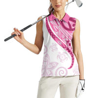 Rose Pink Polynesian Tribal Turtle Floral Pattern Women Sleeveless Polo Shirt