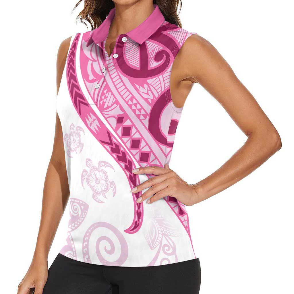 Rose Pink Polynesian Tribal Turtle Floral Pattern Women Sleeveless Polo Shirt