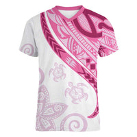 Rose Pink Polynesian Tribal Turtle Floral Pattern Women V-Neck T-Shirt LT05 Female Pink - Polynesian Pride