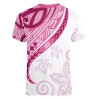 Rose Pink Polynesian Tribal Turtle Floral Pattern Women V-Neck T-Shirt LT05 - Polynesian Pride