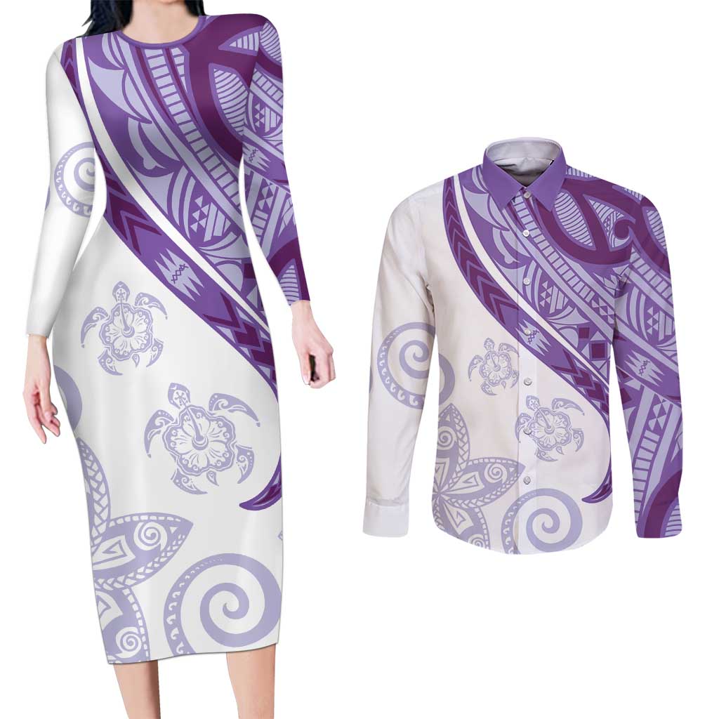 Purple Polynesian Tribal Turtle Floral Pattern Couples Matching Long Sleeve Bodycon Dress and Long Sleeve Button Shirt LT05 Purple - Polynesian Pride