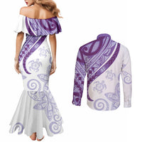 Purple Polynesian Tribal Turtle Floral Pattern Couples Matching Mermaid Dress and Long Sleeve Button Shirt LT05 - Polynesian Pride